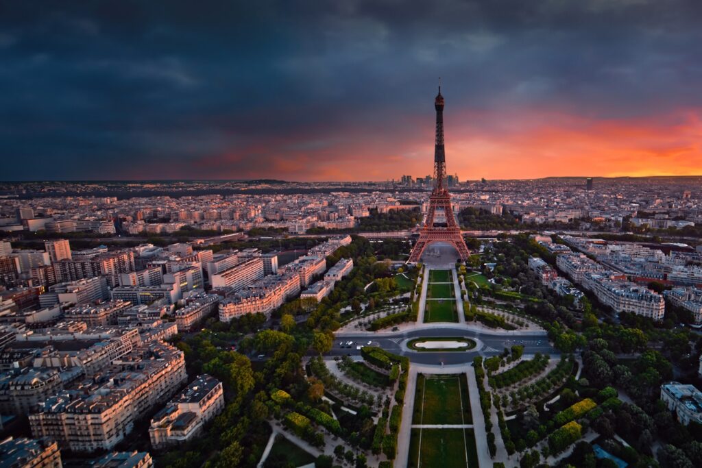 Drone aerial shot of Eiffel Tower garden, Champ de Mars, Paris, France. Filmed in 6K DNG RAW on DJI Inspire 2. Make the same color on your photo: https://luts.timelab.pro/catalog